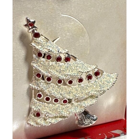 Holiday Lane Glittery Christmas Tree Brooch Pin With Red Accents Gift Box - Picture 3 of 9
